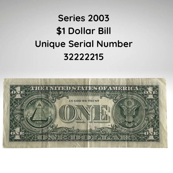 2003 $1 Bill – Fancy Serial Number 32222215 – Run of (5) Twos – Circulated - Picture 2 of 3